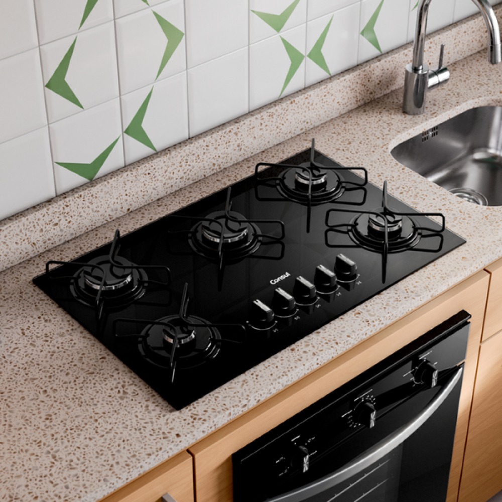 Cooktop 5 Bocas a Gás com Chama Suave Automático Vidro Preto Bivolt CD075BEUNA Consul - Imagem 2
